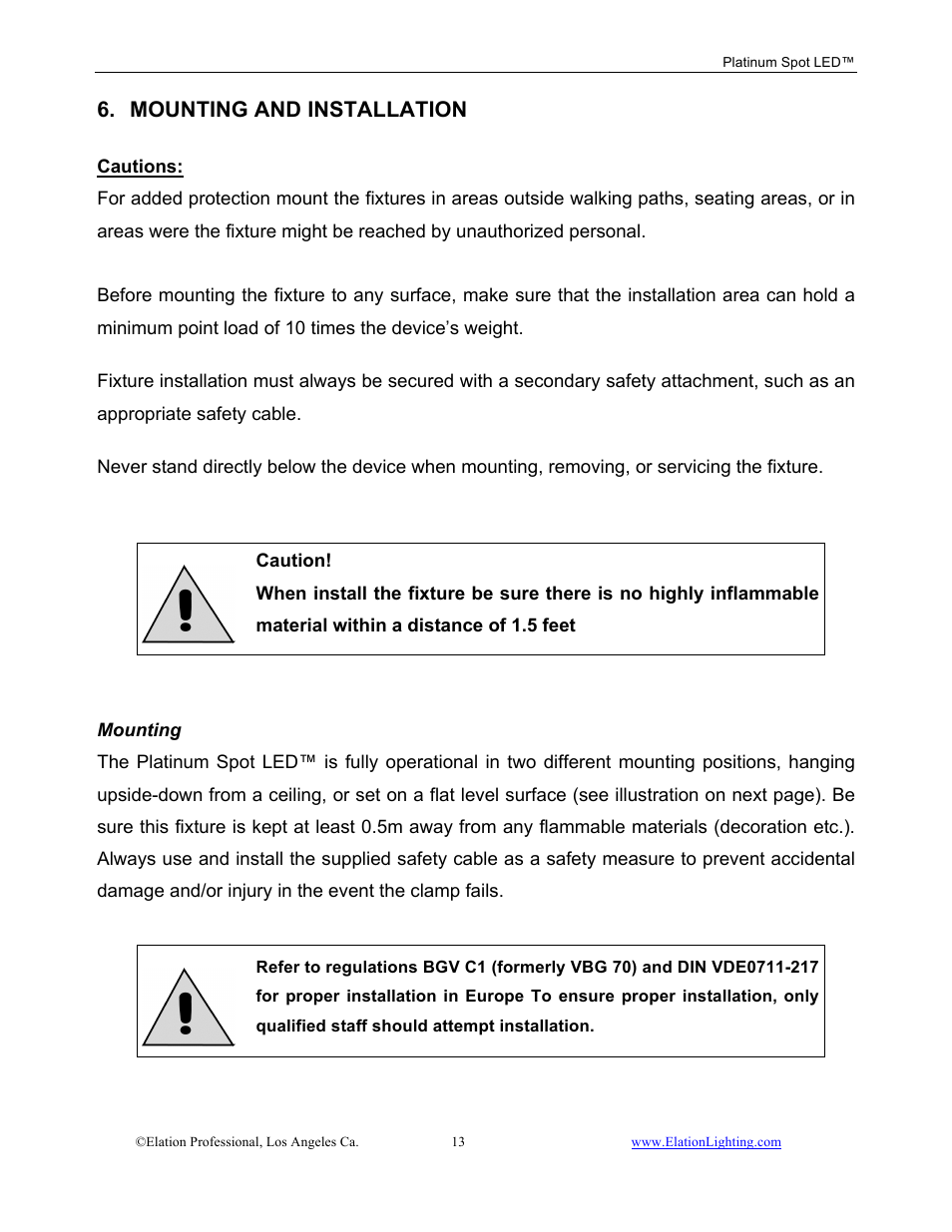 Mounting and installation | Elation Professional Work Light User Manual | Page 13 / 56