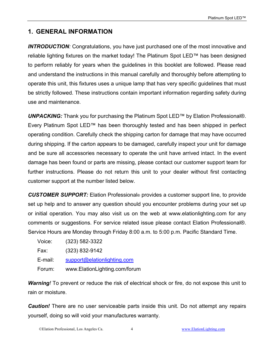 General information | Elation Professional Work Light User Manual | Page 4 / 56