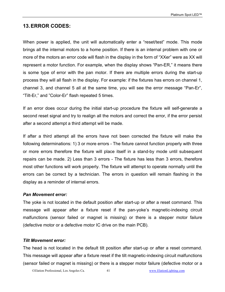 Error codes | Elation Professional Work Light User Manual | Page 41 / 56