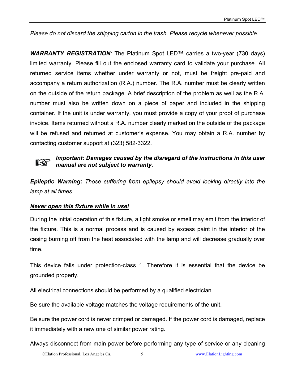 Elation Professional Work Light User Manual | Page 5 / 56
