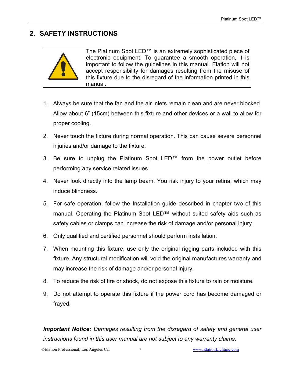 Safety instructions | Elation Professional Work Light User Manual | Page 7 / 56