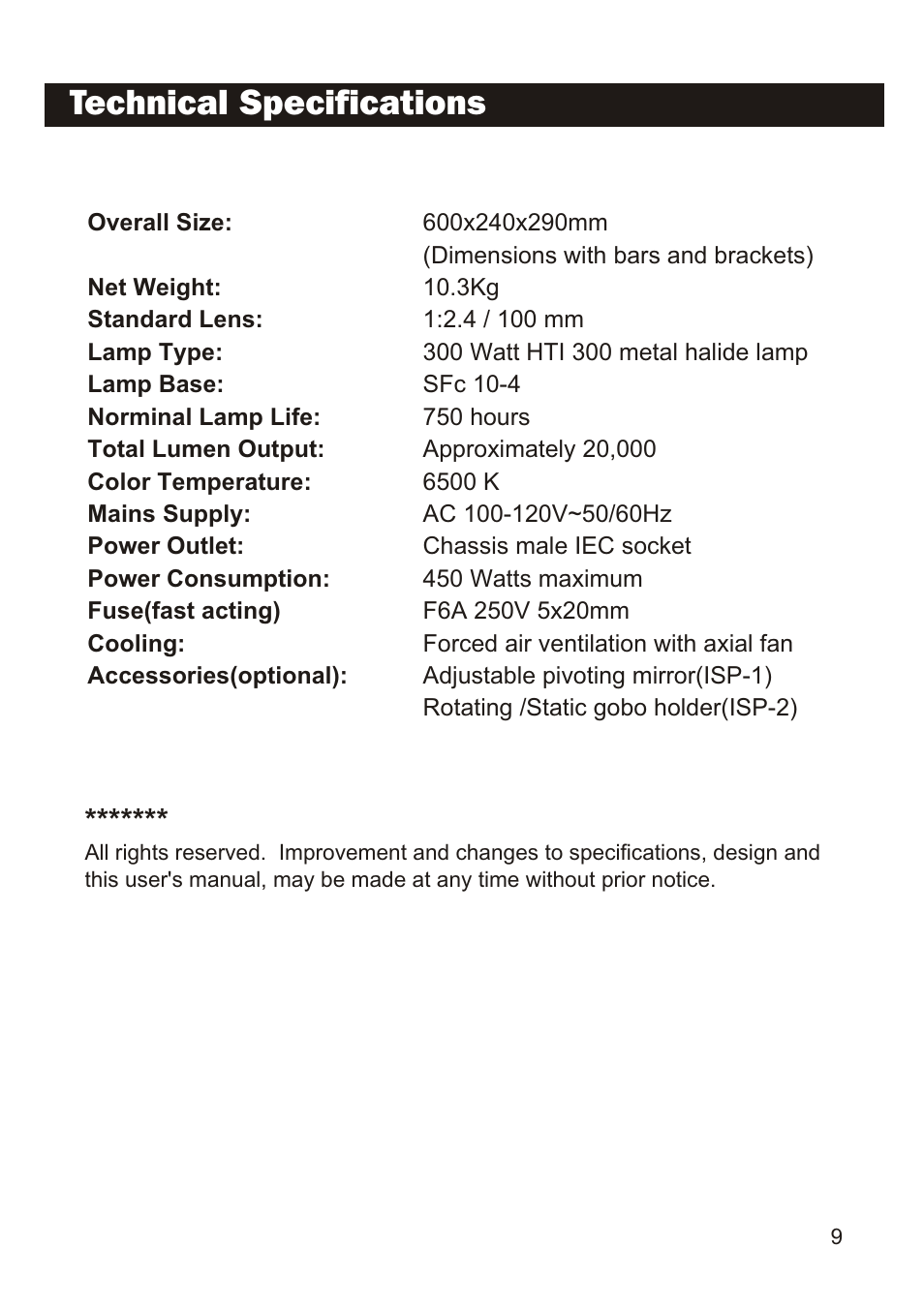 Technical specifications, Accessories and effects | Elation Professional IMAGE PRO 300 User Manual | Page 11 / 12