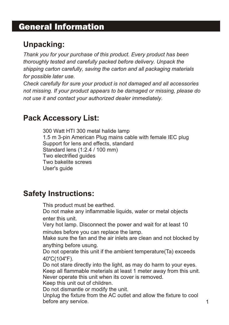 General information, Unpacking: safety instructions, Pack accessory list | Elation Professional IMAGE PRO 300 User Manual | Page 3 / 12
