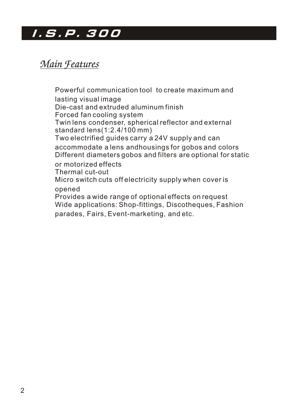 I . s . p . 3 0 0, I . s . p . 3 0 0 main features, Introduction | Elation Professional IMAGE PRO 300 User Manual | Page 4 / 12
