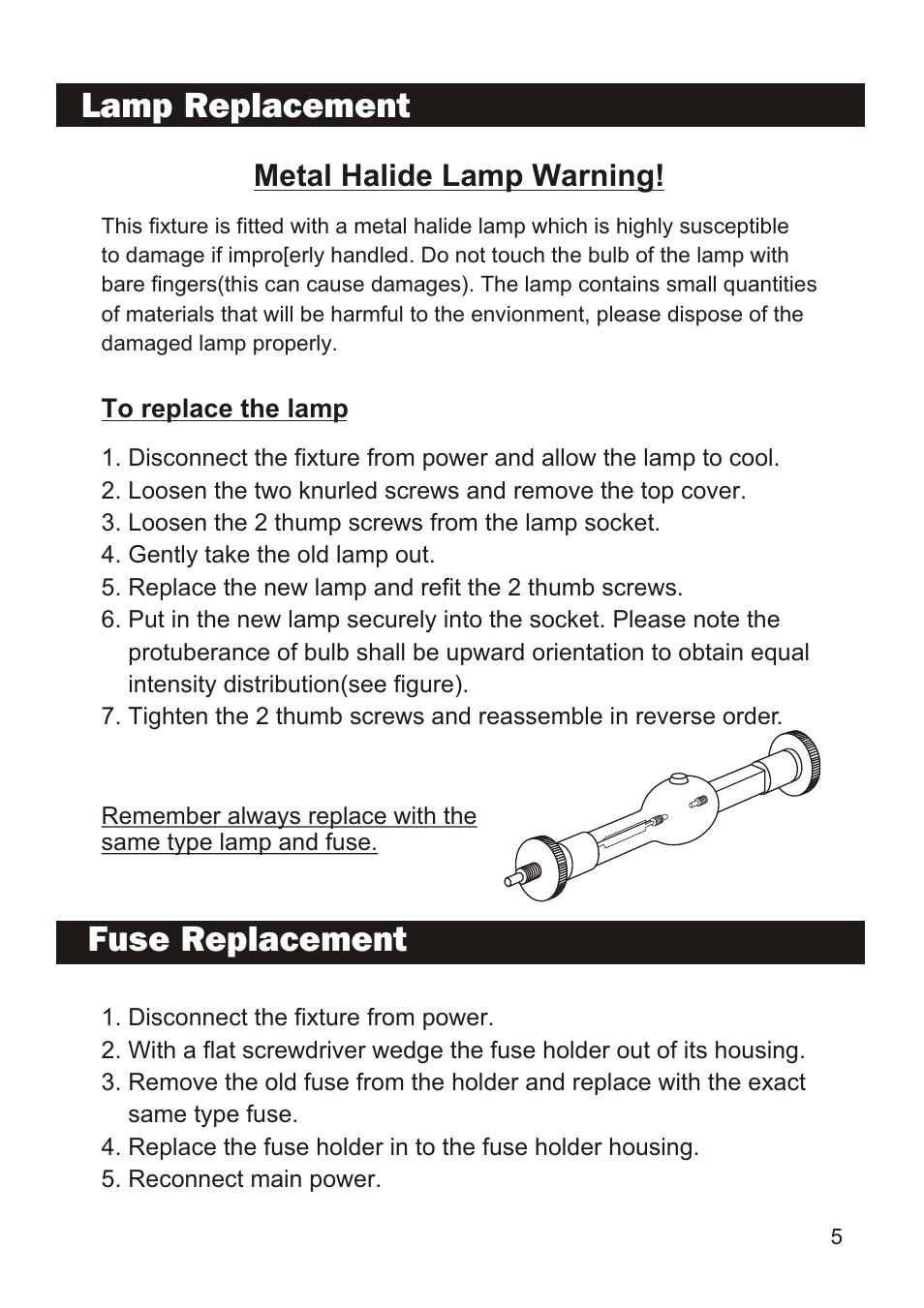 Lamp replacement preparation, Fuse replacement, Warning | Metal halide lamp warning | Elation Professional IMAGE PRO 300 User Manual | Page 7 / 12