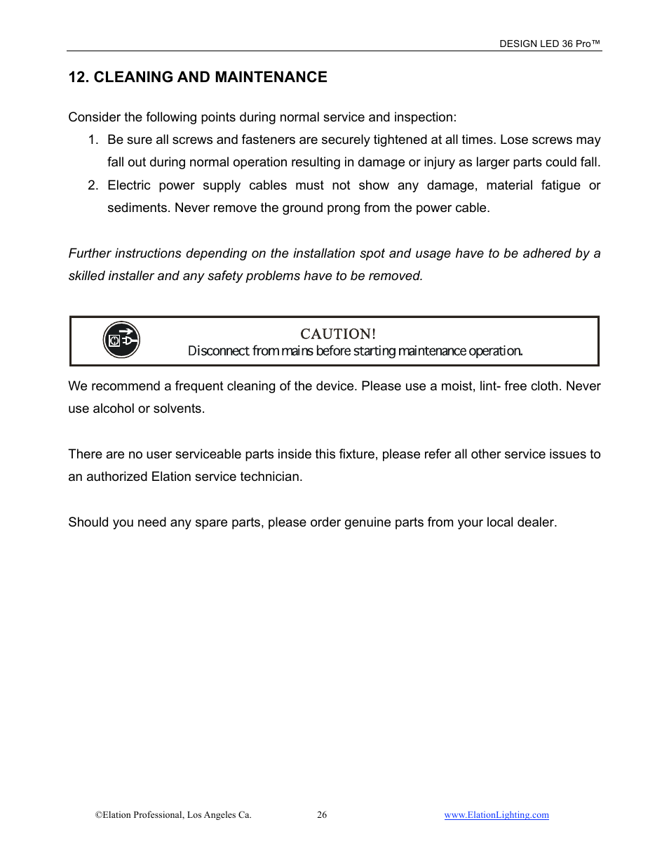 Cleaning and maintenance | Elation Professional Design LED 36 Pro User Manual | Page 27 / 36