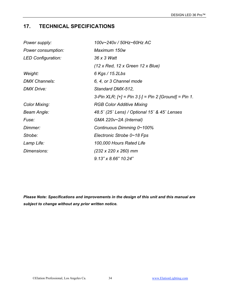 Technical specifications | Elation Professional Design LED 36 Pro User Manual | Page 35 / 36