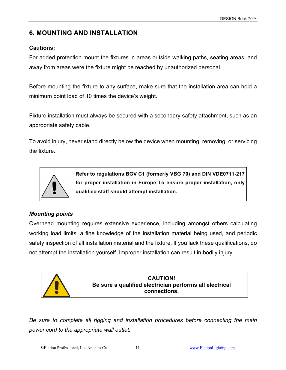 Mounting and installation | Elation Professional 70 User Manual | Page 12 / 44