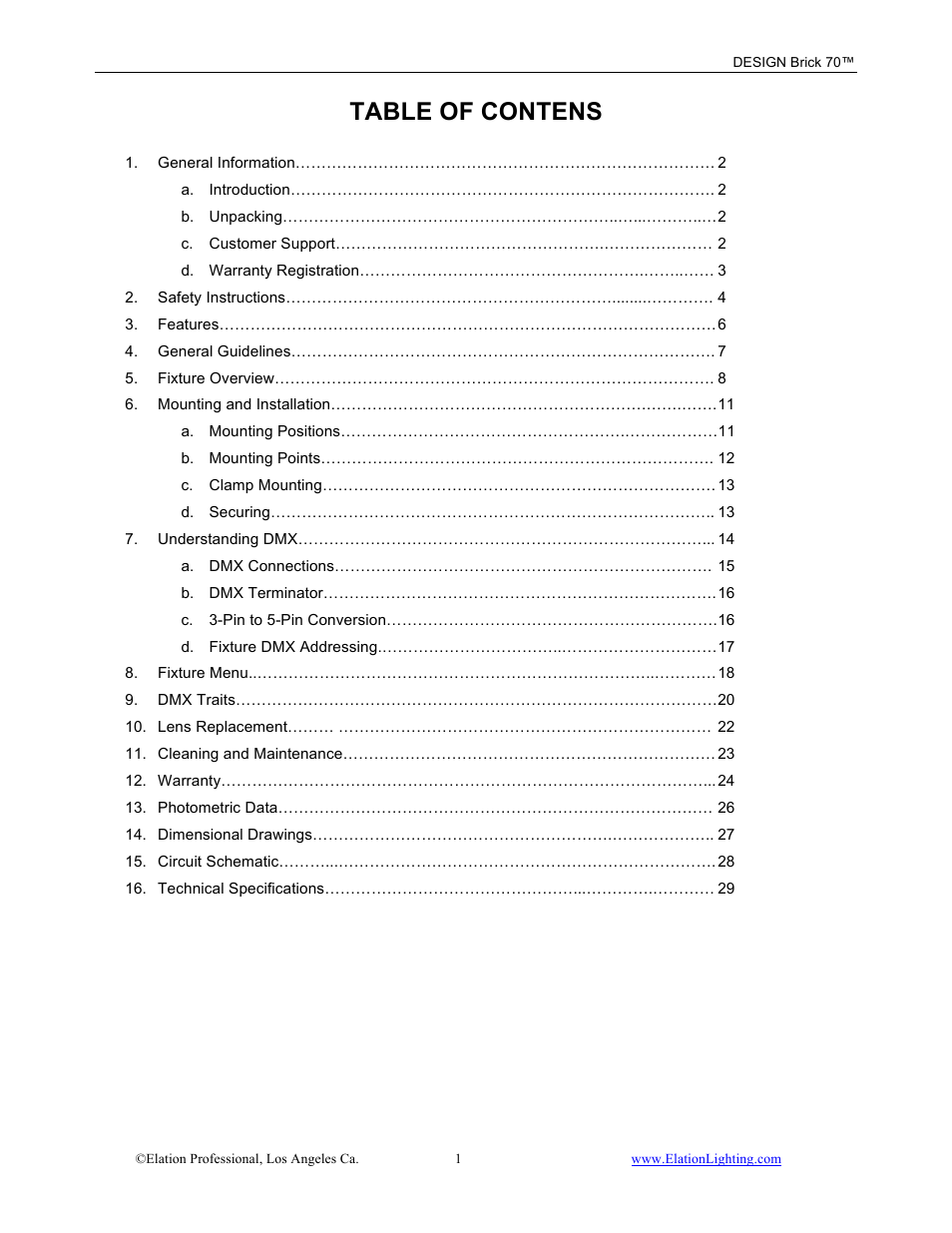 Table of contens | Elation Professional 70 User Manual | Page 2 / 44