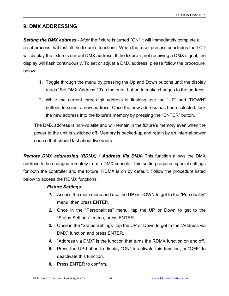 Dmx addressing | Elation Professional 70 User Manual | Page 25 / 44