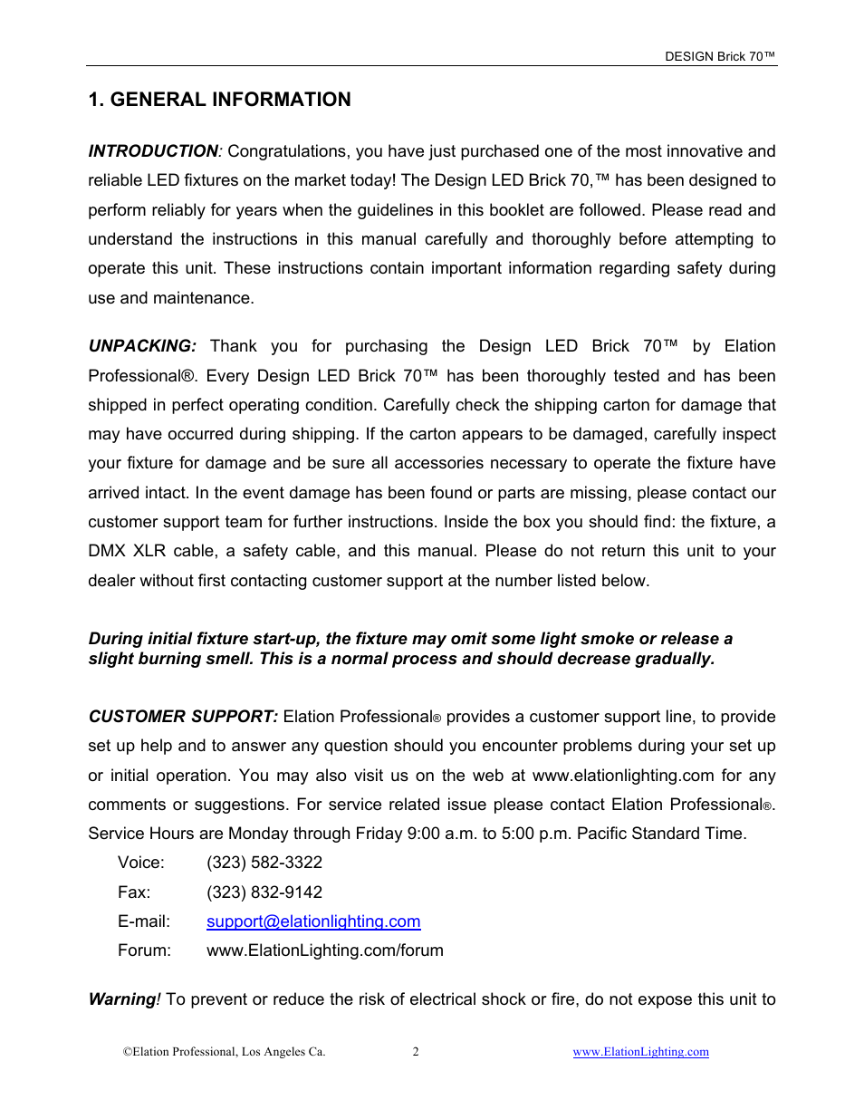 General information | Elation Professional 70 User Manual | Page 3 / 44