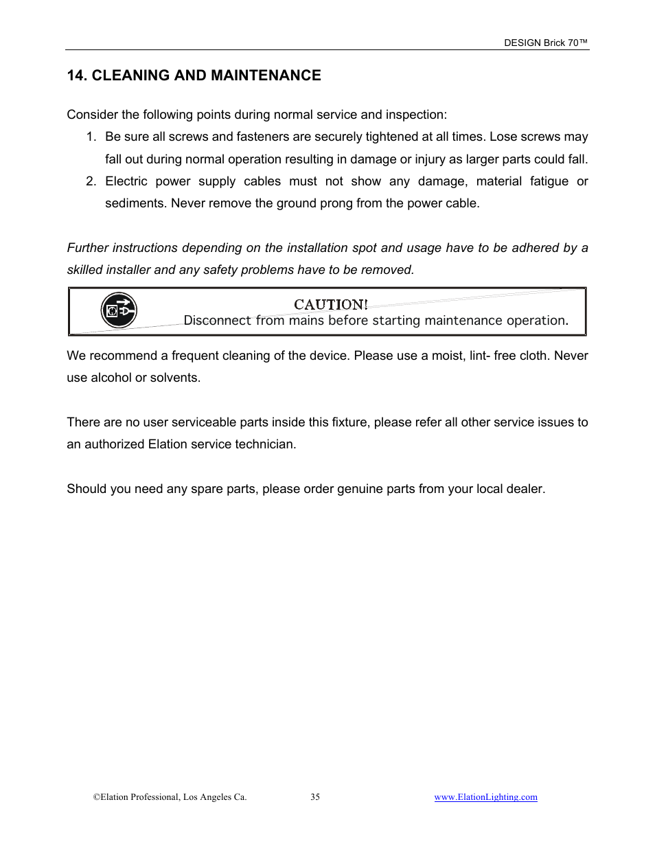 Cleaning and maintenance | Elation Professional 70 User Manual | Page 36 / 44