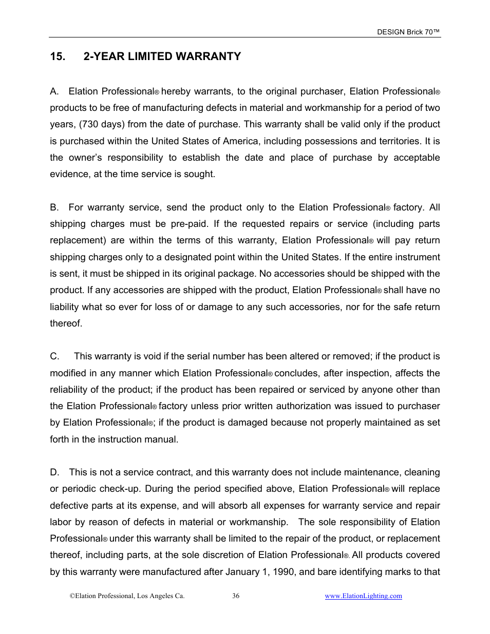 2-year limited warranty | Elation Professional 70 User Manual | Page 37 / 44