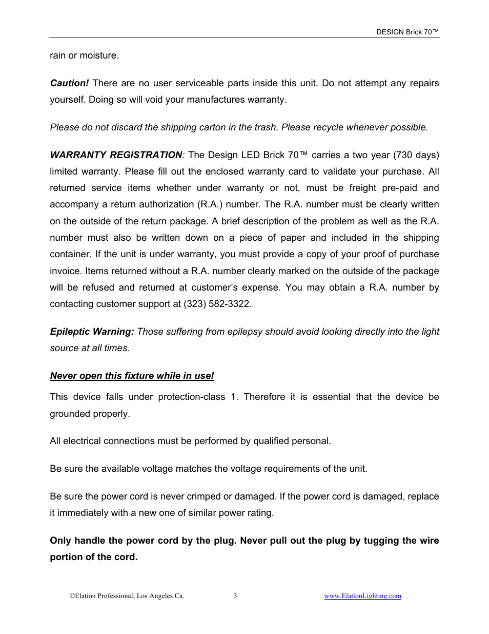 Elation Professional 70 User Manual | Page 4 / 44