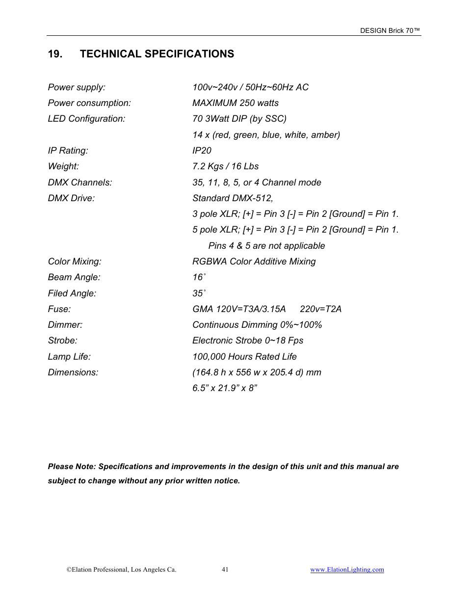 Elation Professional 70 User Manual | Page 42 / 44