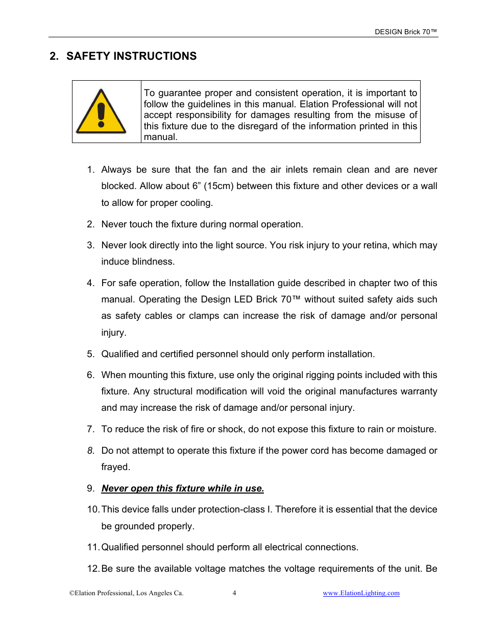 Safety instructions | Elation Professional 70 User Manual | Page 5 / 44