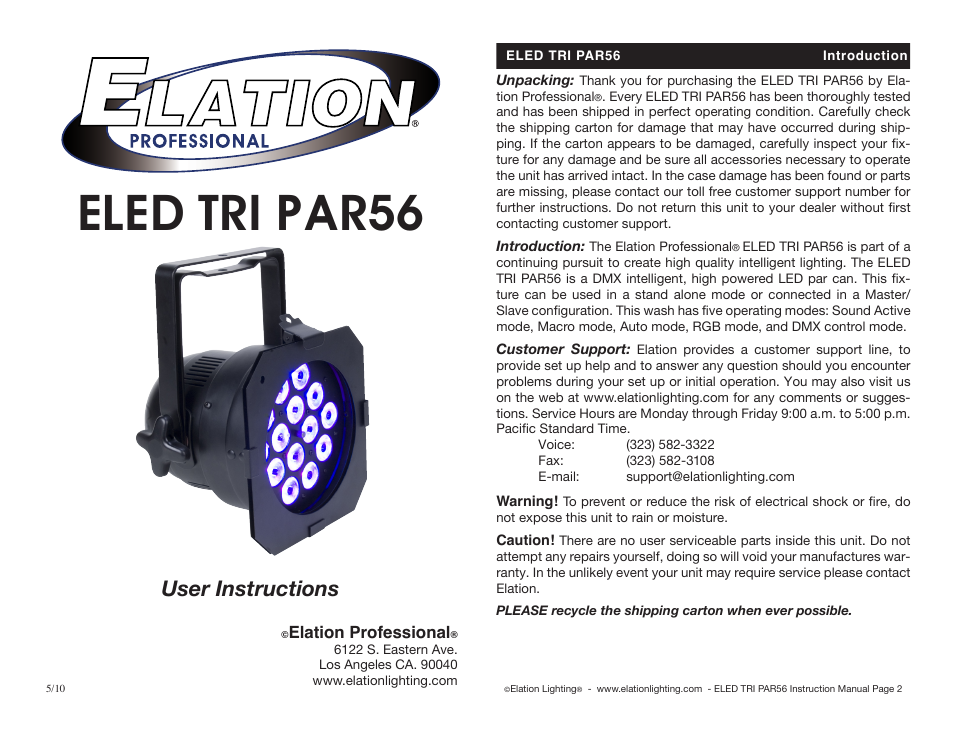 Elation Professional PAR56 User Manual | 8 pages