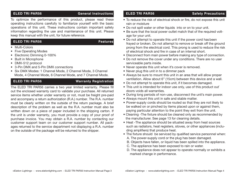 Elation Professional PAR56 User Manual | Page 2 / 8