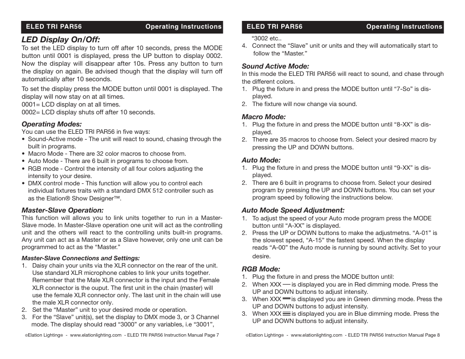 Led display on/off | Elation Professional PAR56 User Manual | Page 4 / 8