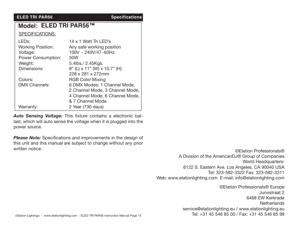 Model: eled tri par56 | Elation Professional PAR56 User Manual | Page 8 / 8