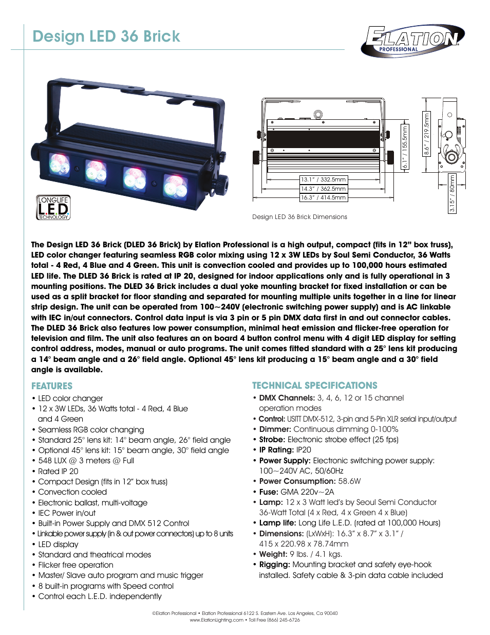 Elation Professional DLED 36 Brick User Manual | 3 pages