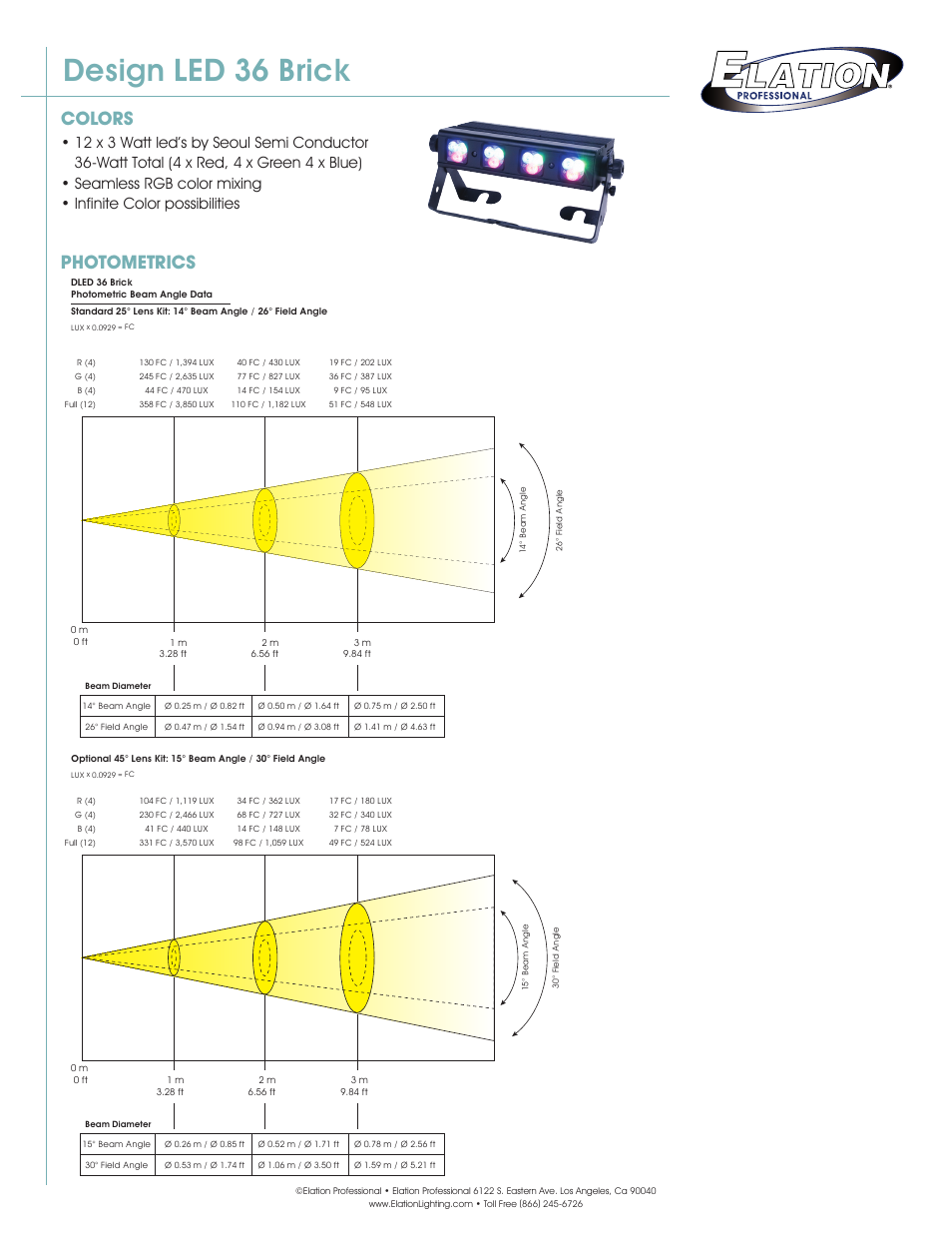 Design led 36 brick, Colors, Photometrics | Elation Professional DLED 36 Brick User Manual | Page 2 / 3