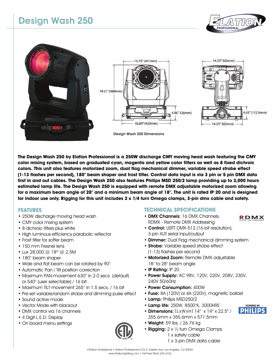 Elation Professional Power Wash Wash 250 User Manual | 3 pages