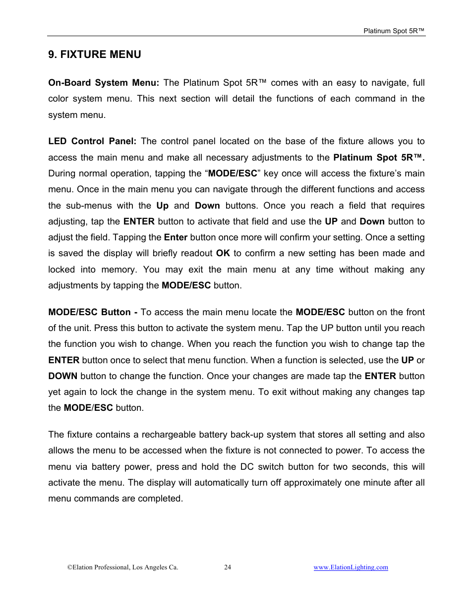 Fixture menu | Elation Professional 5R User Manual | Page 24 / 60
