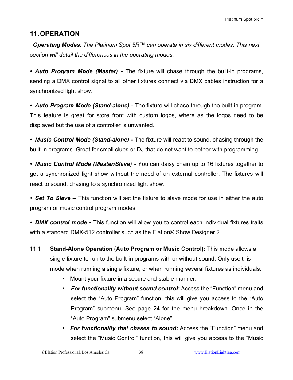 Operation | Elation Professional 5R User Manual | Page 38 / 60