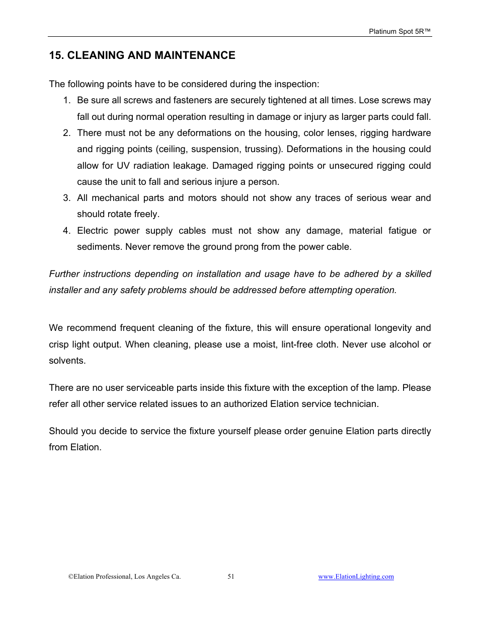 Cleaning and maintenance | Elation Professional 5R User Manual | Page 51 / 60