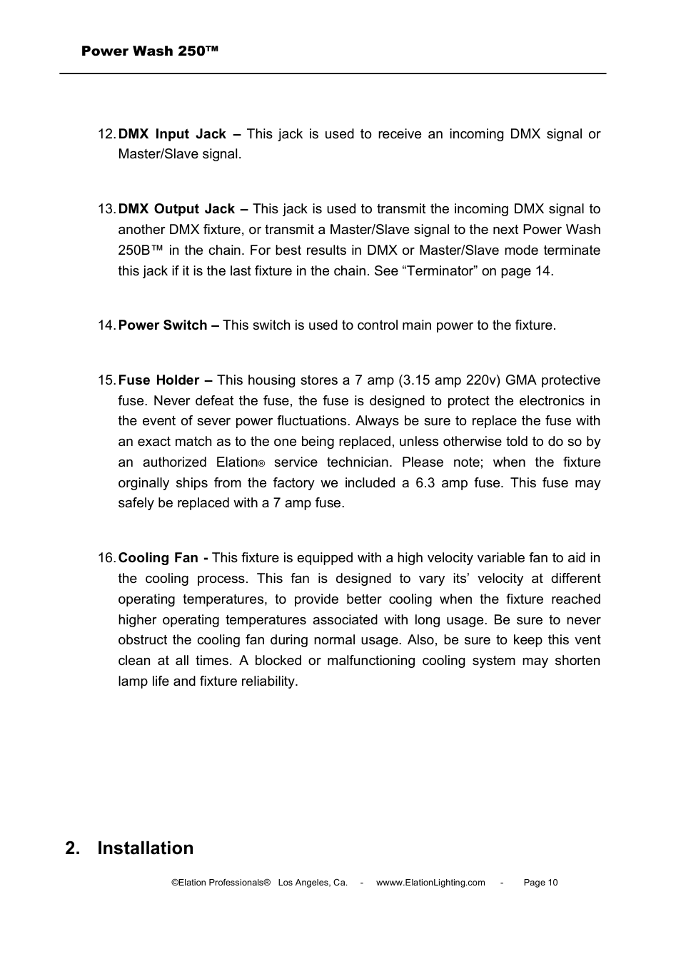 Installation | Elation Professional Power Wash 250B User Manual | Page 10 / 40