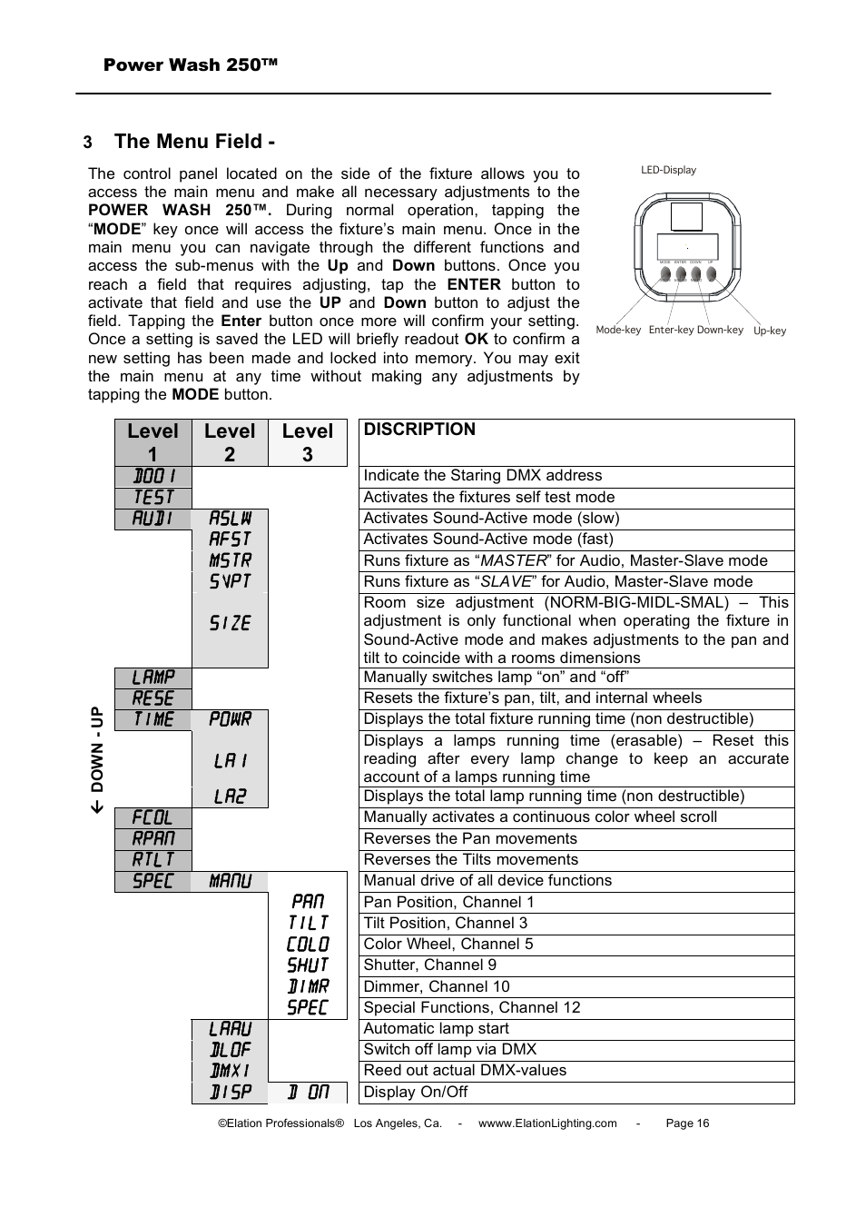 The menu field, Level 1 level 2 level 3, D001 | Test, Audi aslw, Afst, Mstr, Svpt, Size, Lamp | Elation Professional Power Wash 250B User Manual | Page 16 / 40