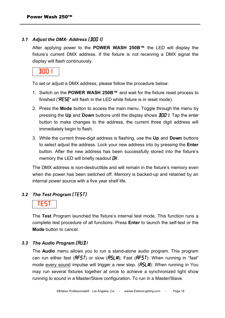D001, Test | Elation Professional Power Wash 250B User Manual | Page 18 / 40