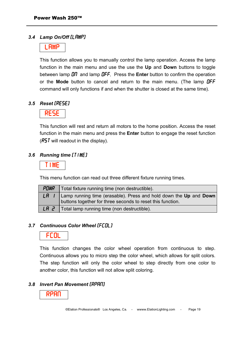 Lamp, Rese, Time | Fcol, Rpan | Elation Professional Power Wash 250B User Manual | Page 19 / 40