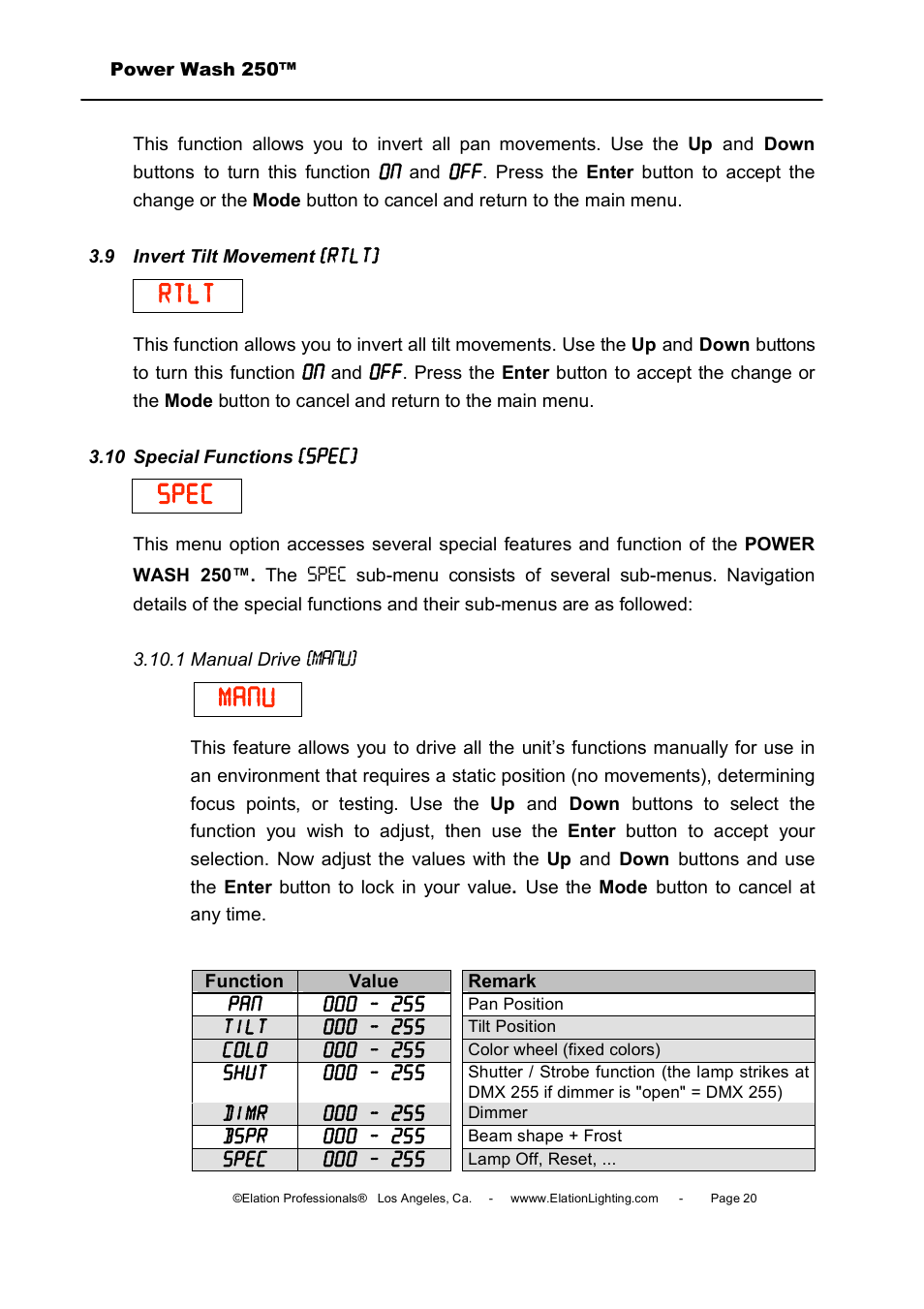 Rtlt, Spec, Manu | Elation Professional Power Wash 250B User Manual | Page 20 / 40