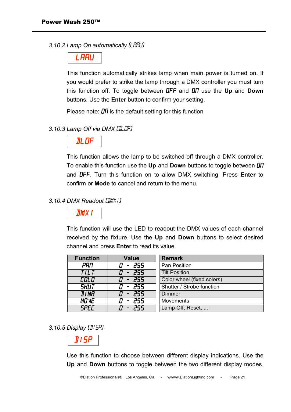 Laau, Dlof, Dmxi | Disp | Elation Professional Power Wash 250B User Manual | Page 21 / 40