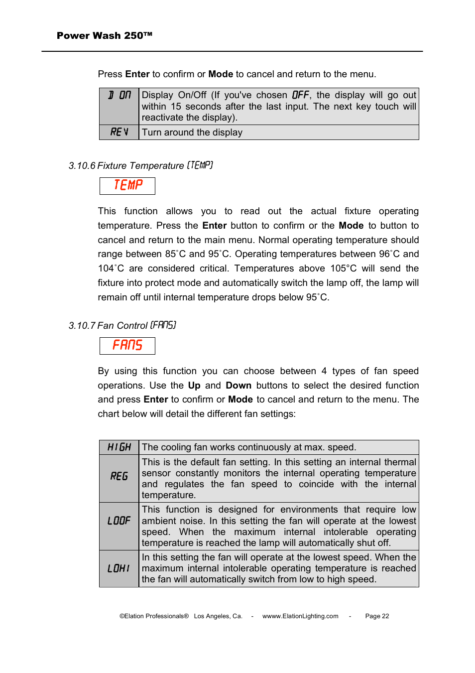 Temp, Fans | Elation Professional Power Wash 250B User Manual | Page 22 / 40