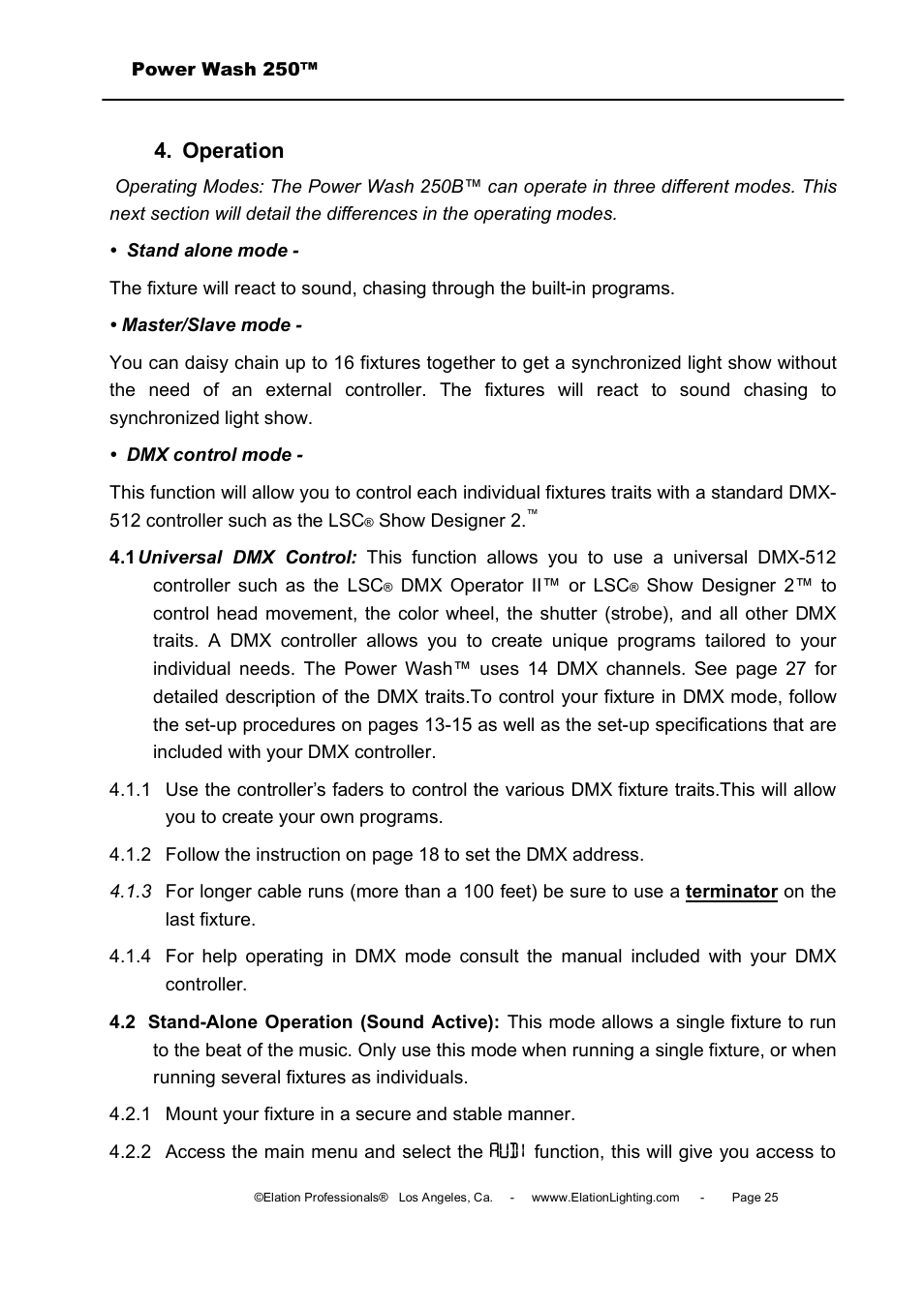 Operation, Audi | Elation Professional Power Wash 250B User Manual | Page 25 / 40