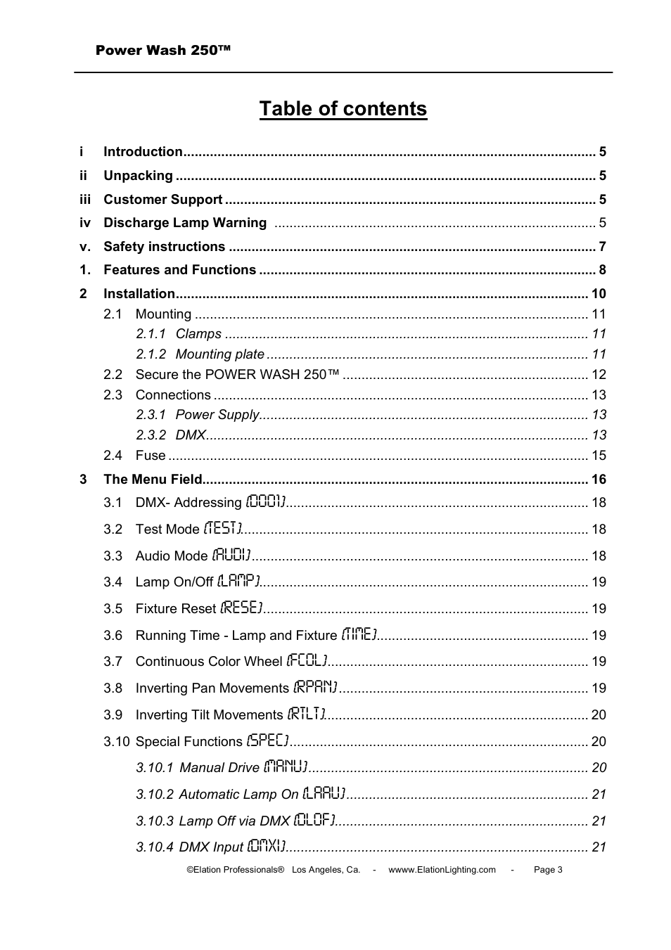 Elation Professional Power Wash 250B User Manual | Page 3 / 40