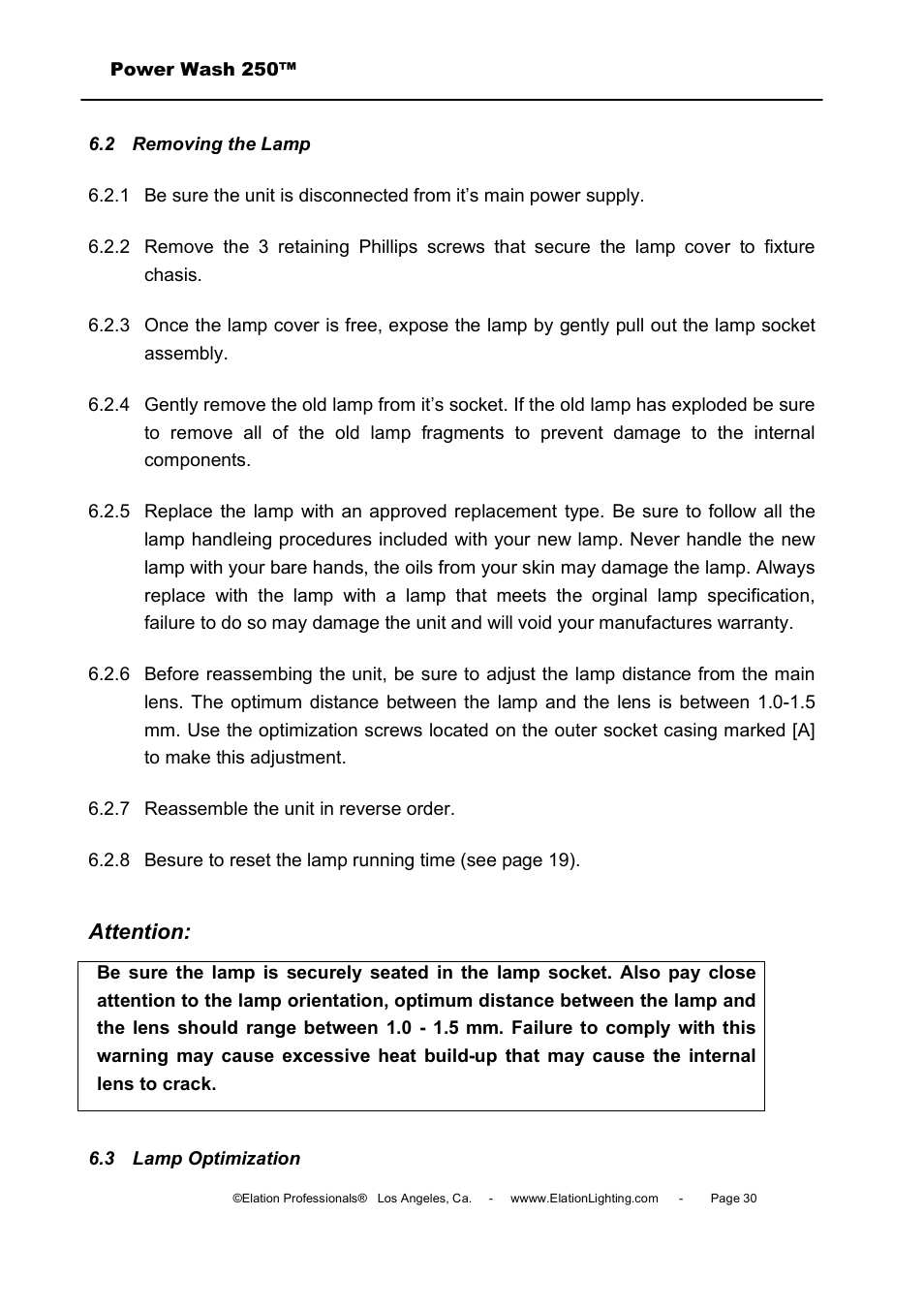 Attention | Elation Professional Power Wash 250B User Manual | Page 30 / 40