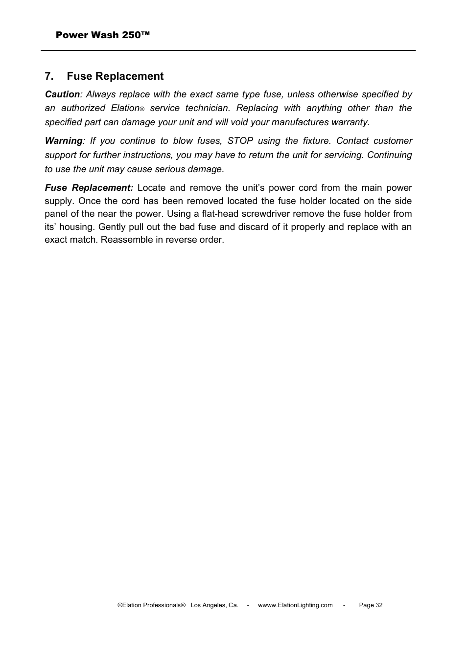Fuse replacement | Elation Professional Power Wash 250B User Manual | Page 32 / 40