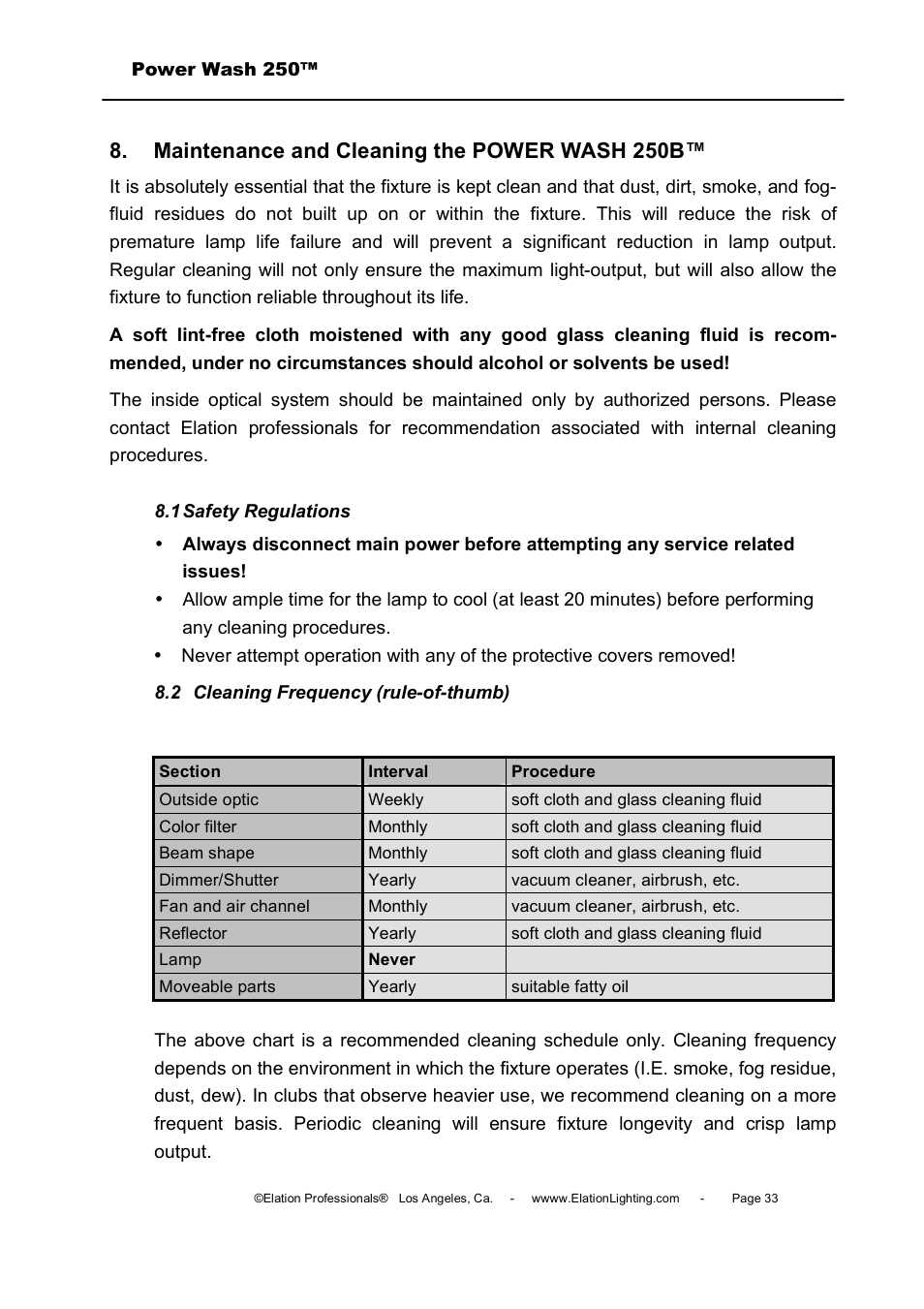 Maintenance and cleaning the power wash 250b | Elation Professional Power Wash 250B User Manual | Page 33 / 40