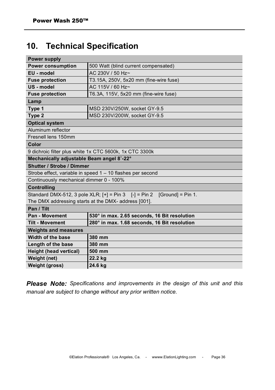 Technical specification | Elation Professional Power Wash 250B User Manual | Page 36 / 40