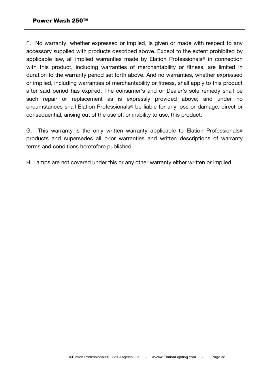 Elation Professional Power Wash 250B User Manual | Page 38 / 40