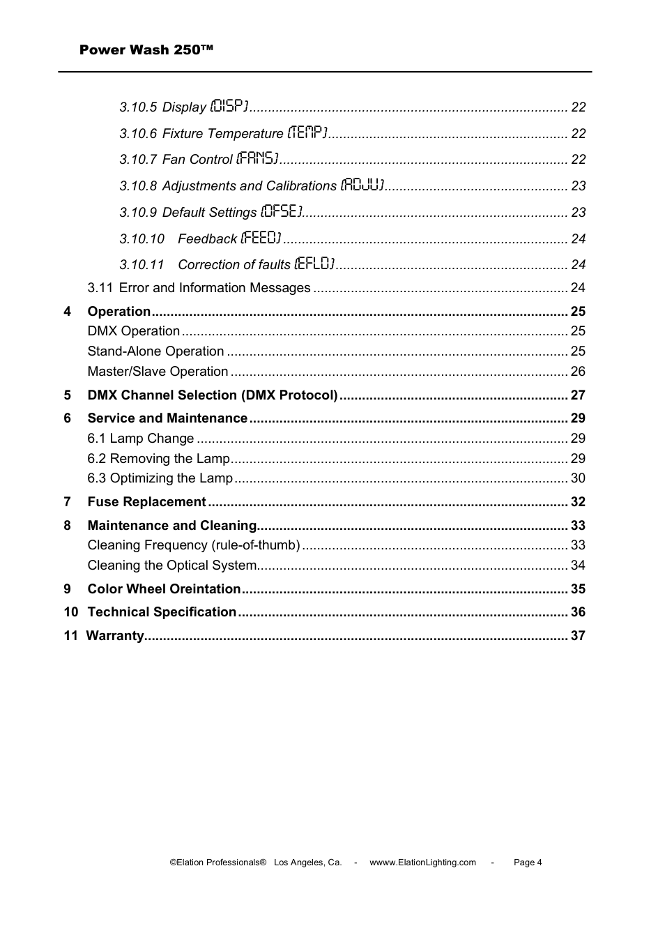 Elation Professional Power Wash 250B User Manual | Page 4 / 40