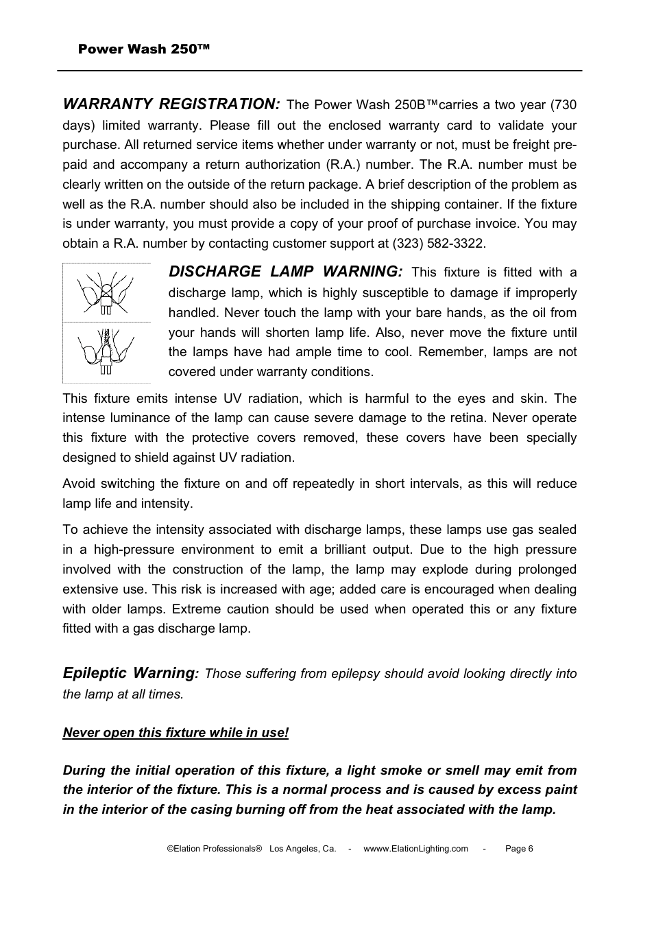 Warranty registration, Discharge lamp warning, Epileptic warning | Elation Professional Power Wash 250B User Manual | Page 6 / 40