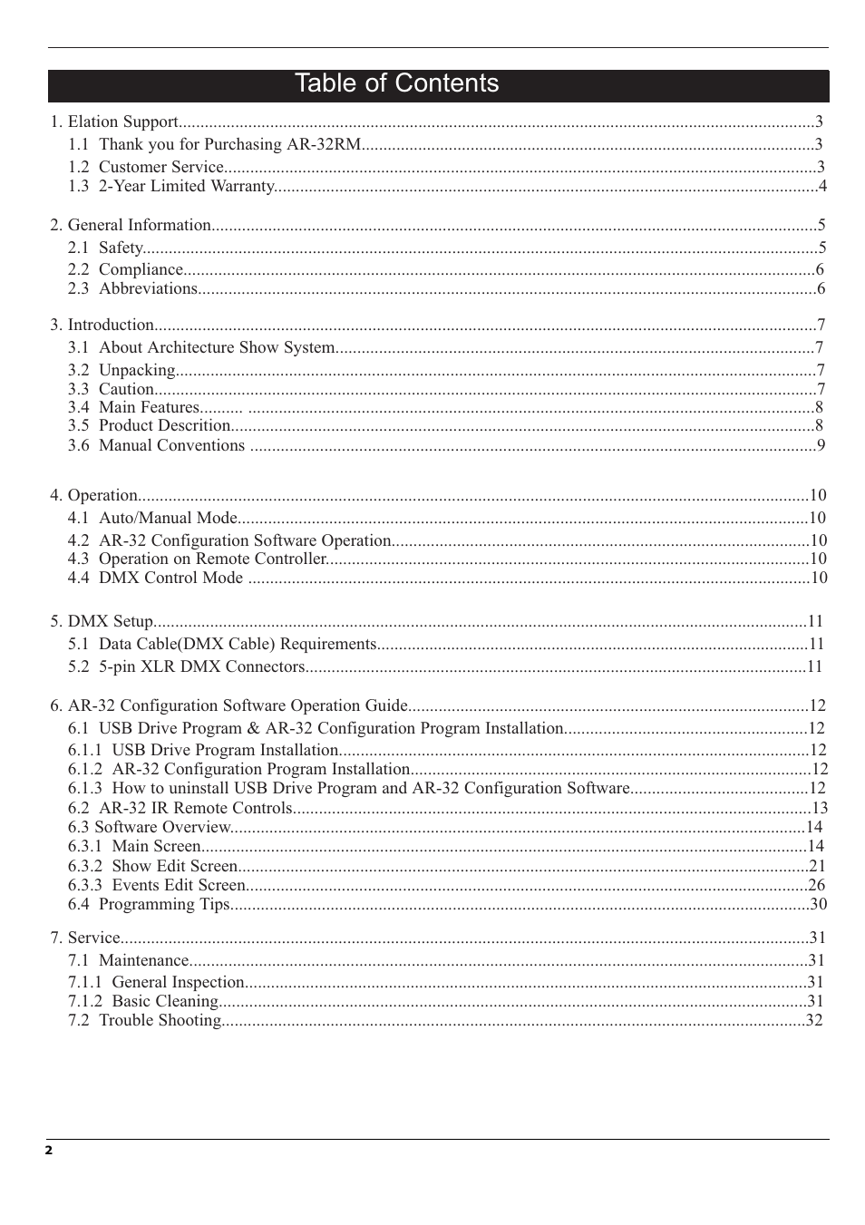 Elation Professional Architectural Show System AR-32RM User Manual | Page 2 / 34