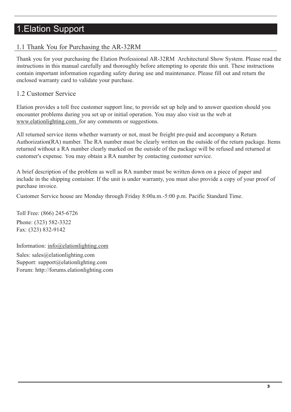 Elation support | Elation Professional Architectural Show System AR-32RM User Manual | Page 3 / 34