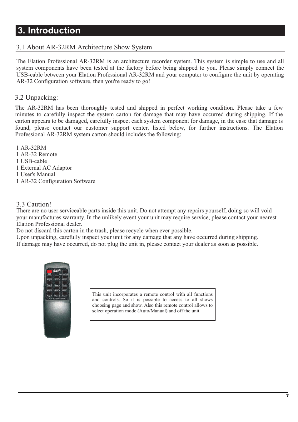 Introduction, 2 unpacking, 3 caution | 1 about ar-32rm architecture show system | Elation Professional Architectural Show System AR-32RM User Manual | Page 7 / 34