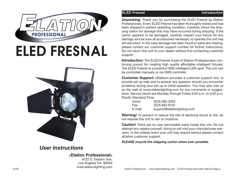 Elation Professional Eled Light User Manual | 6 pages